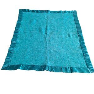 Vintage Baron Woolen Mills Wool Blanket Satin Trim Blue Baby Lap 43" x 37" Utah